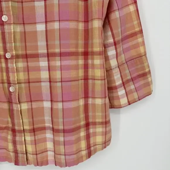 Talbots Shirt Womens Medium Plaid Irish Linen Blend 3/4 Sleeve Button Up Blouse - Picture 4 of 11